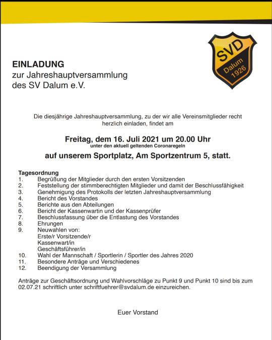 Einladung zur Jahreshauptversammlung 2021